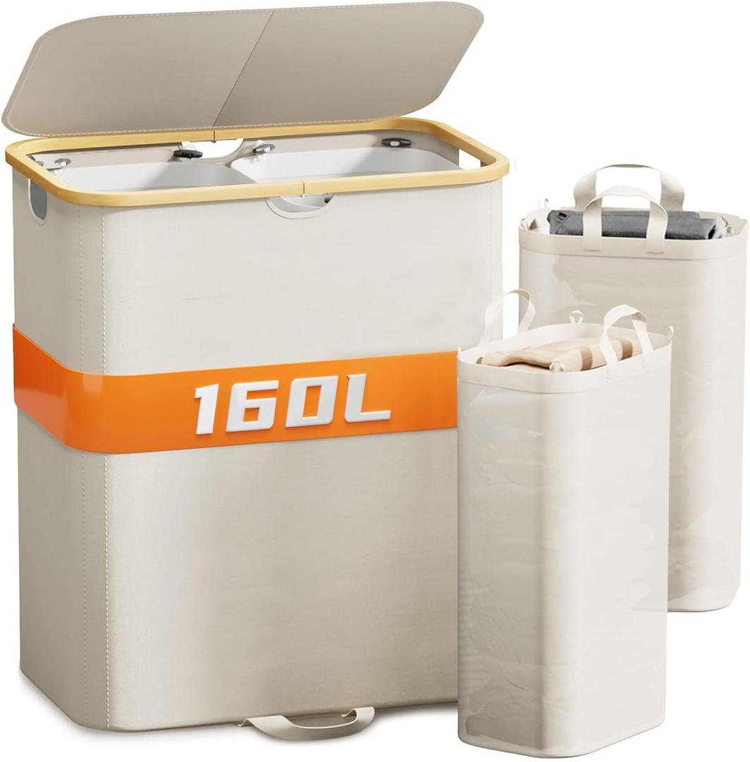 XLHOMO 160L Double Laundry Hamper with Lid, Dirty Clothes Hamper with 2 Removable Bags, Beige Laundry Hamper 2 section with Bamboo Handles Easy to Carry for Bedroom, Bathroom, Dorm, College