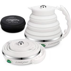 Ultrathin Upgraded Food Grade Silicone Travel Foldable Electric Kettle Boil Dry Protection Portable with Dual Voltage and Separable Power Cord,555ML 110-220V US Plug (White)