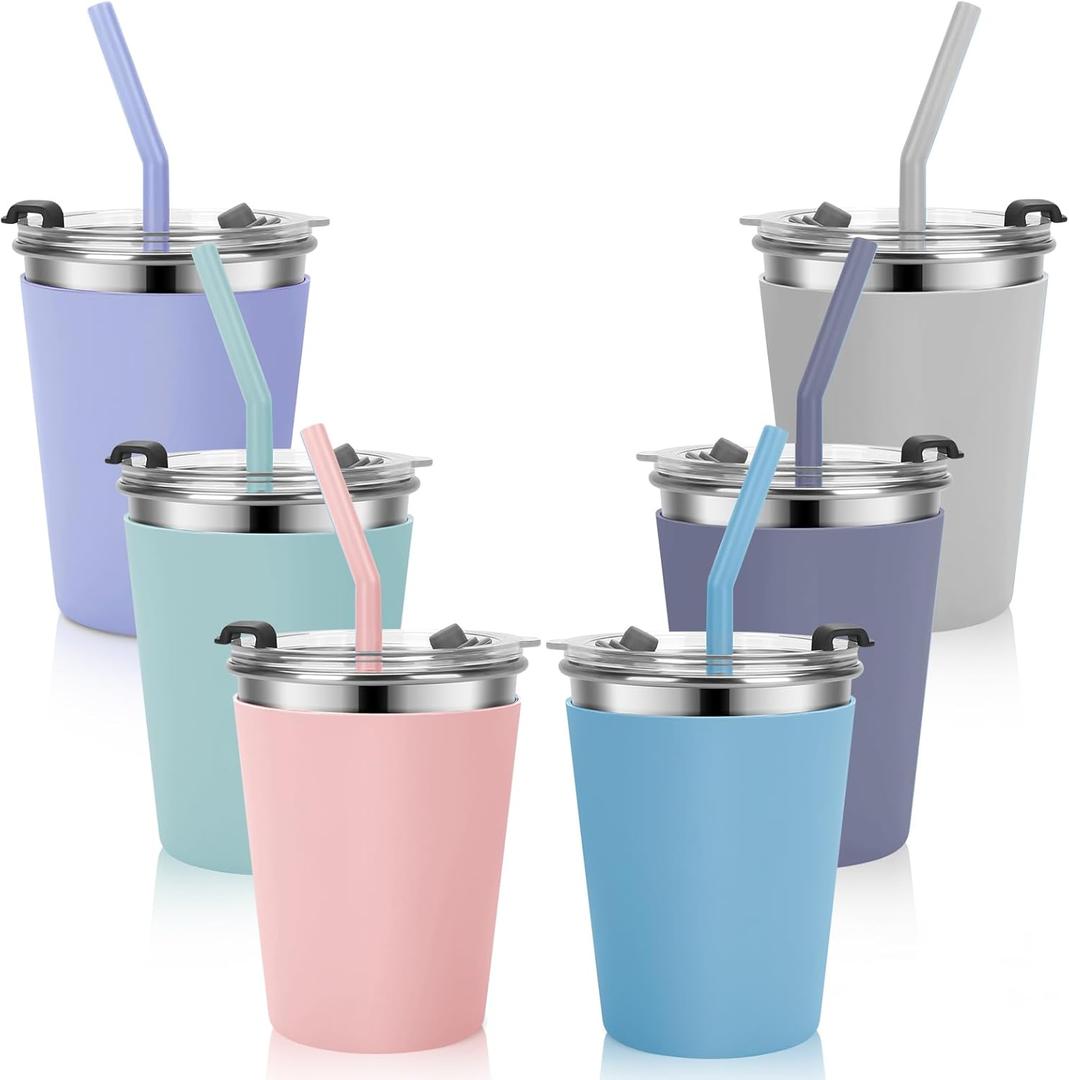Kids Cups with Straws and Lids Leak Proof, 12oz Sippy Cups for Toddlers 1-3, Spill Proof Cup Stainless Steel Kids Cups with Lids for Home School, Outdoor, 6 Pack (Blue,Green,Gray,Dark Gray,Pink,Purple)