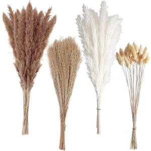 100 PCS Small Boho Pampas Grass, 17" Naturally Dried Pompas, Pampas Grass Decor for Wedding , Boho Party Decorations, Table DecorBrown and White