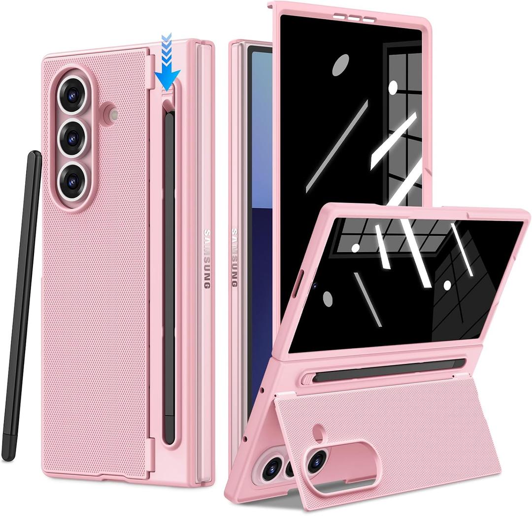Ruky for Samsung Z Fold 7 Case with Slim S Pen Slot & Stylus, [Not for Z Fold 6] with Hidden Foldable Kickstand and Built-in Privacy Screen Protector, Shockproof Protective Phone Cover, Pink