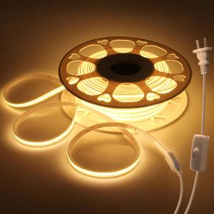 Outdoor COB LED Strip Lights Waterproof Self-Adhesive Plug In with Switch AC 110V-130V 82FT Warm White 3000K Super Bright 288LEDs/M Flexible DIY Cuttable COB LED Rope Lights for Under Cabinets Patio, 25M