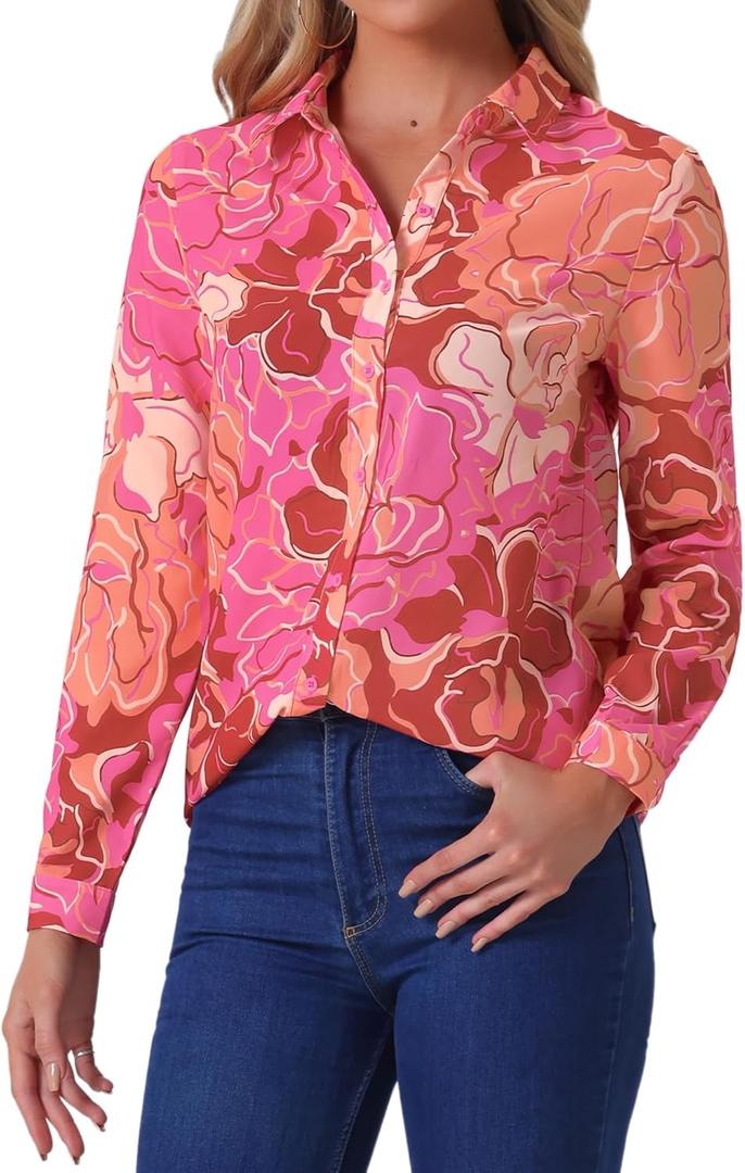 Allegra K Women's Button Down Shirt Work Office Tops Long Sleeve Point Collar Floral Blouse (Large)