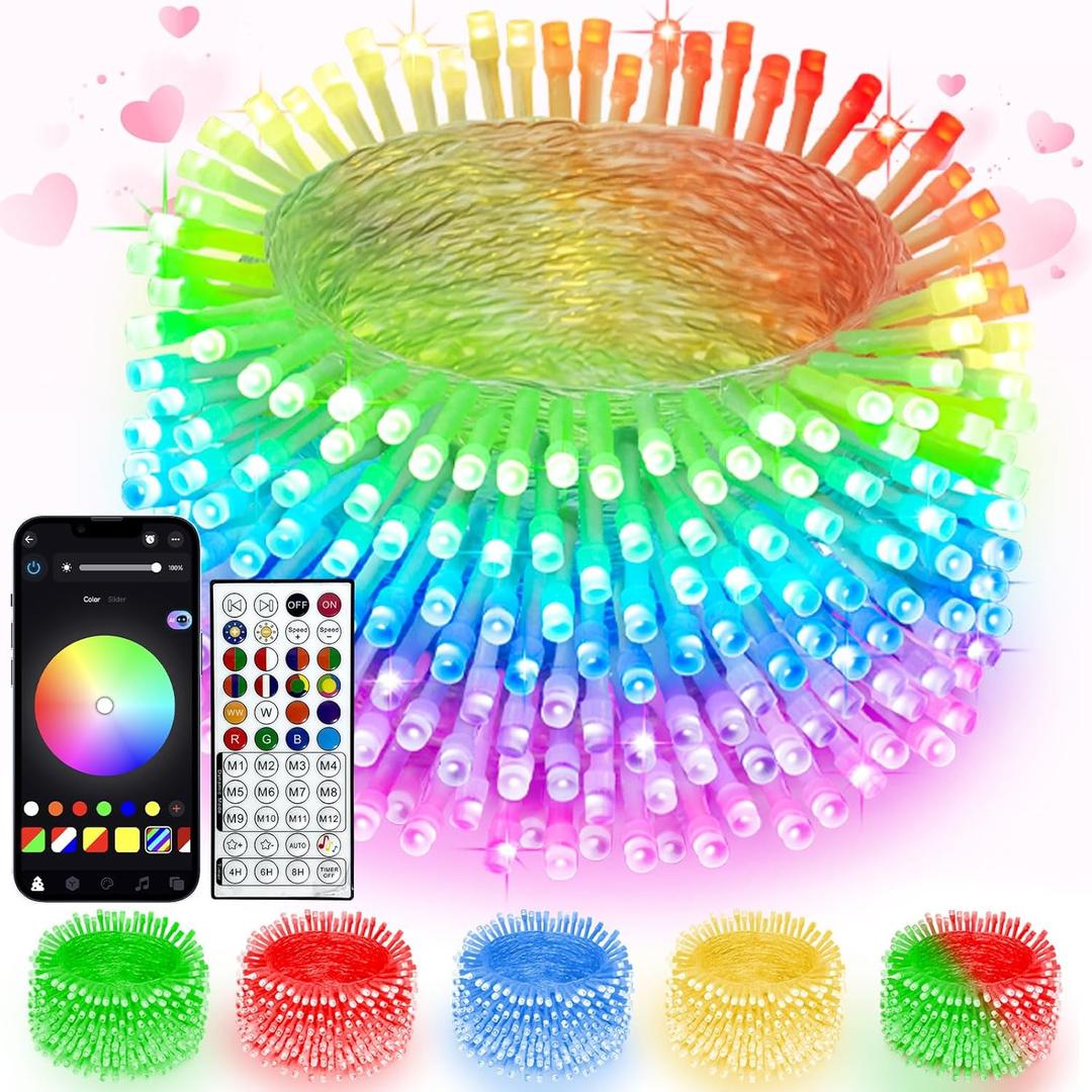 Smart Color Changing Valentines Day Lights with Remote & App Control, 66FT 200LED RGB Light with Timer, Music Sync Multiple Modes Twinkle Christmas Light Waterproof Indoor Outdoor Valentines Day Decor
