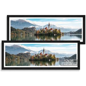 Hongkee 12x36 Picture Frame 2 Packs, Real Glass and Rustic Black Wood Frame, Display Collage Pictures Twelve 4x6 With Mat or Pennant 12 x 36 Without Mat - Horizontal or Vertical Wall Mounting, 12x36 in matted to 12-4x6