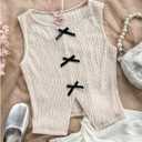 MakeMeChic Women's Textured Bow Knot Tank Top Crew Neck Sleeveless Slit Hem Crop Tops (Beige, XS)