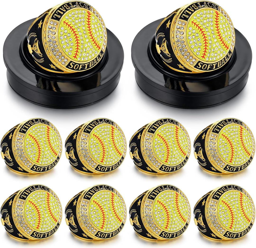 Highergo 10pcs Softball Soccer Baseball MVP Championship Trophy Ring with Display Neck Chain and Stand Basketball Cheerleading Bowling Football Volleyball Track Field for Award Gift (Gold)