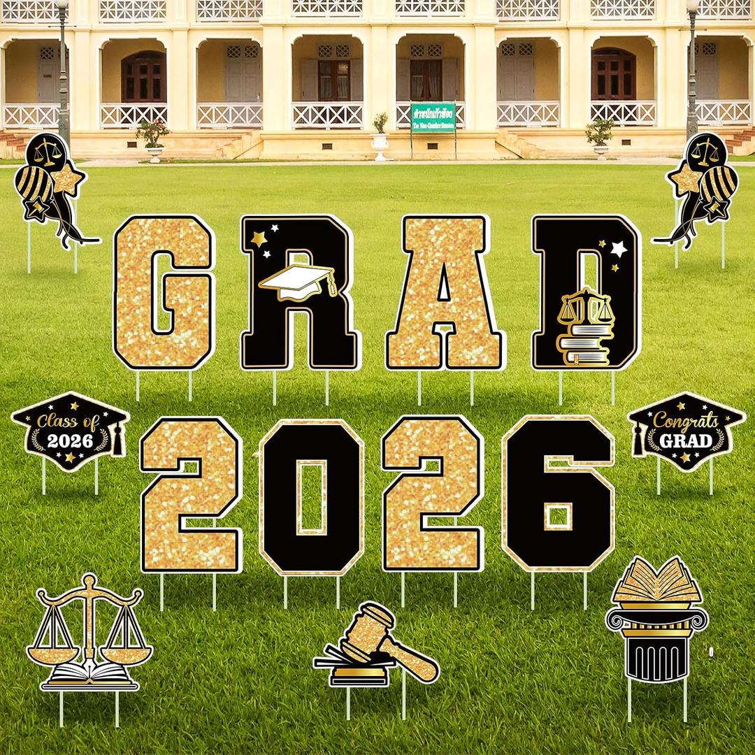 Jetec 15 Pcs Law School Graduation Yard Signs Class of 2026 Law School Criminal Justice Graduation Decorations Black Gold Future Lawyer Yard Signs with Stake for College Outdoor Party Decor