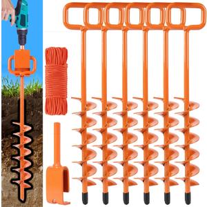 Tent Stakes for 2024 - Ground Anchors Screw in with 1PCS Tent Stakes Heavy Duty Adapter - Ideal for Trampoline Ground Anchors, Mobile Home Anchors, Tent Screw, Orange Ground Stakes (6PCS,15in)