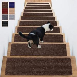 ANTDLE Stair Treads Non-Slip 13 Pack 8"x30" - Carpet Stair Runner for Indoor Wooden Steps with TPE Backing & Anti-Skid Surface, Reusable Adhesive Safety Rug for Kids/Elder/Pet-Friendly - Brown