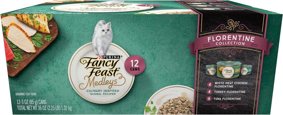 Purina Fancy Feast Wet Cat Food Medleys Florentine Wet Cat Food Variety Pack - (2 Packs of 12) 3 oz. Cans (EXP 01/31/27)
