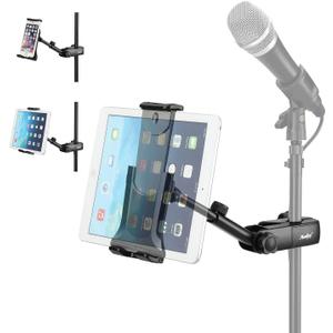 Moukey Tablet Holder for Microphone Stand, Adjustable Mic Music Stand Phone Holder Mount, Compatible with iPad, iPhone, Android, All 4.7 to 12.9 Inches Tablets & Smartphones