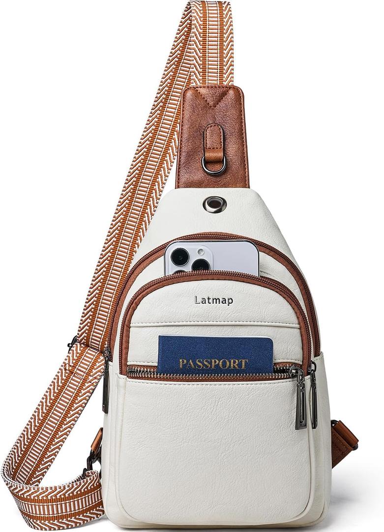 Sling Bag For Women Faux Leather Small Casual Daypack Backpack Fanny Pack Crossbody Chest Bags Purse (7L, 7l-beige W/ Brown Trim)