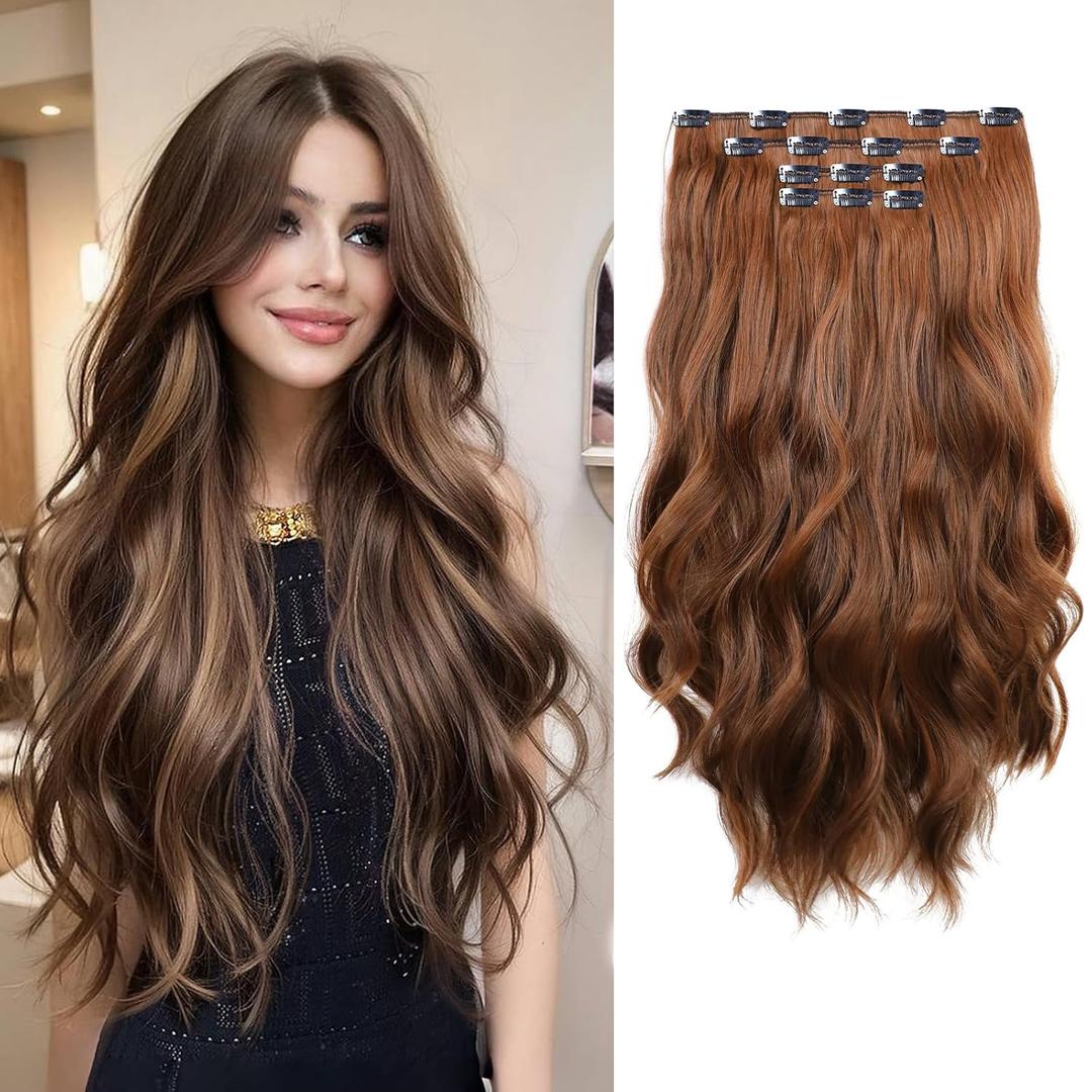 Long Hair Clip in Extensions 4PCS Seamless Clips ins for Women Non-Weft Wavy Easy Hairpieces Charming Wave Synthetic Fiber 22 Inch Full Head Breathable Medium Brown mis Caramel Blonde