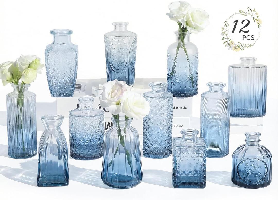 RUCKAE 12 Pack Glass Bud Vases Mini Flower Vase Small Vintage Vases for Centerpiece Table Wedding Decorations Home Decor Party (Gradient Blue)