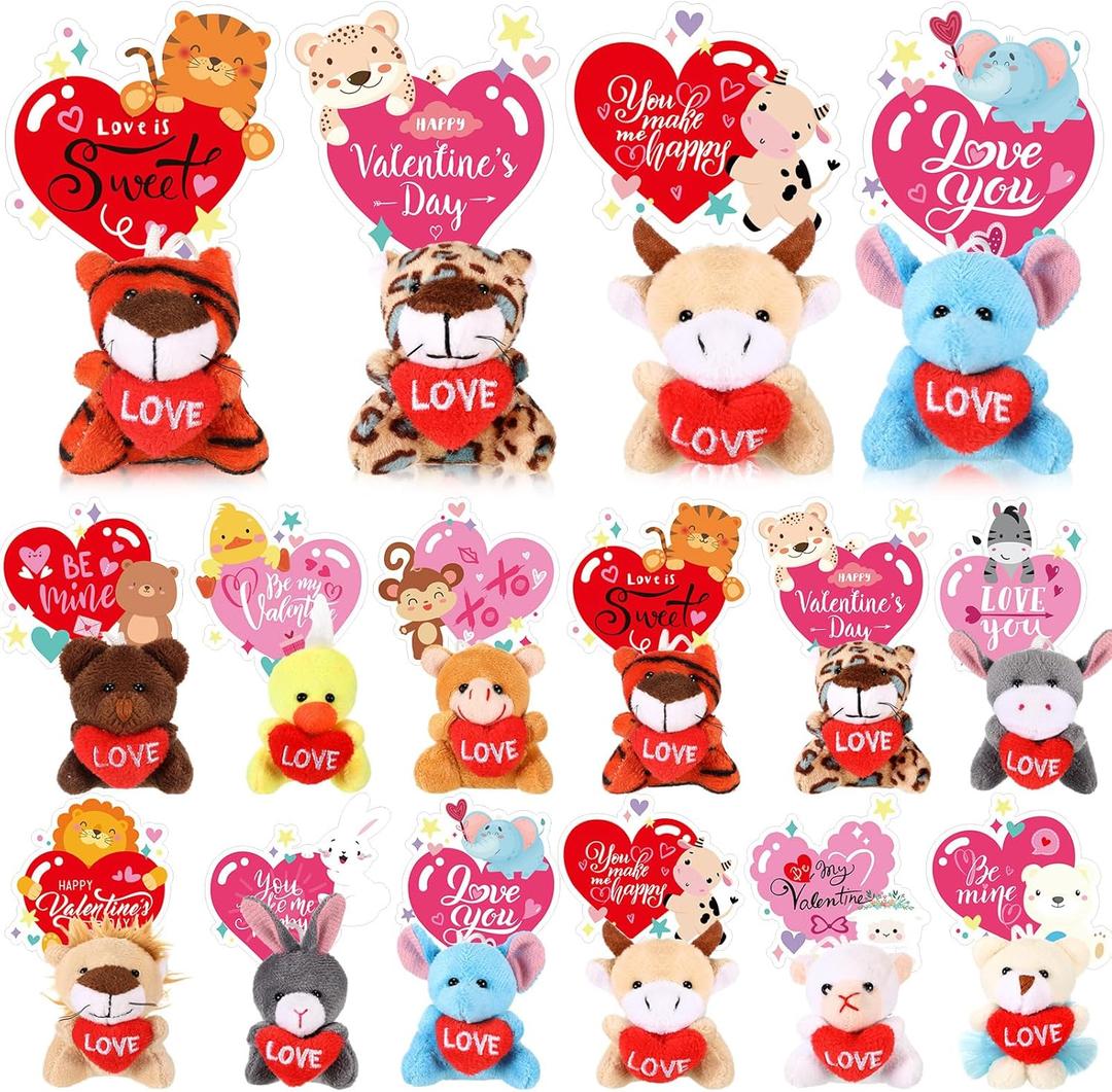 Hollowfly 15 Set Valentine Plush Bulk Valentine Classroom Gifts for Kids Mini Stuffed Animals with Cards for Students Party Favors School Exchange Prize