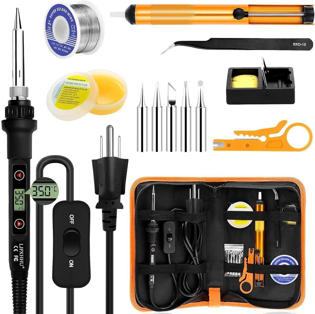Soldering Iron Kit 80W LCD Adjustable Temperature 180-520 Solder Kit Electronics 13 in 1 Welding Tools with ON/OFF Switch, Solder Wire, Flux, 5 Soldering Tips, Desoldering Pump, Stand, Tweezers
