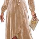 Women's Velvet V Neck Puff Sleeve Dress for Wedding Guest Cocktail Elegant Bodycon Party Midi Dress (X-Large, Champagne)