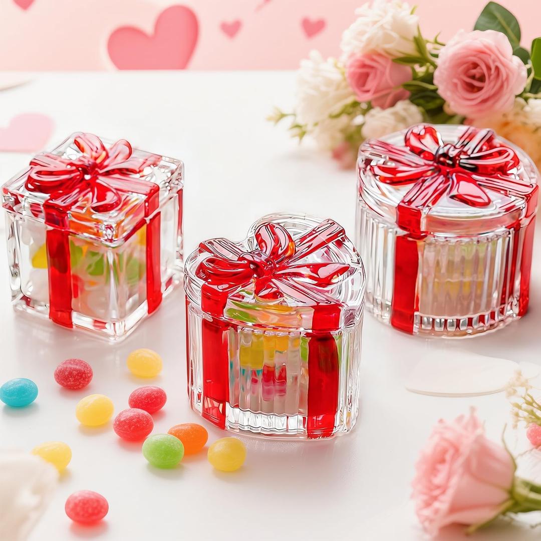 kanpura Red Glass Candy Jar Crystal Candy Dish with Lid Set of 3 Clear Glass Jar for Cookie, Coffee Beans, Snacks, Spices Mother Day Gift for Mom