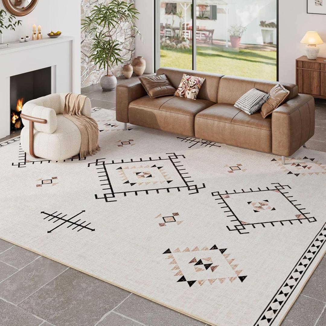 ILANGO Area Rug 8'x10' for Living Room Bedroom Machine Washable Moroccan Boho Rugs for High Traffic Area Non Slip & Non-Shedding Rugs Fade Resistant Carpet for Kitchen Office (Beige)