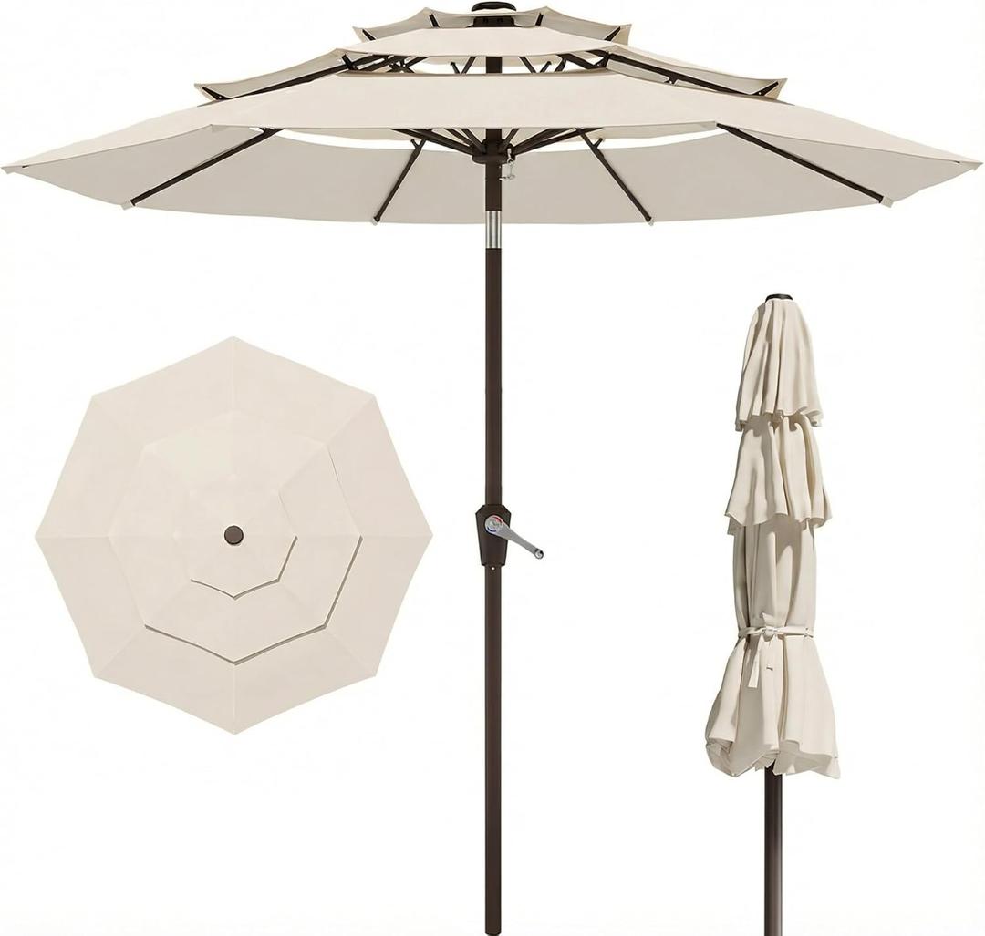 PatioKingdom 9ft 3-Tier Patio Market Umbrella with Crank/Tilt, Commercial Heavy Duty Wind Proof,Outdoor Table Umbrella with 8 Fiberglass Ribs,UPF50+ for Deck,Pool,Garden,Backyard (Creamy-white)