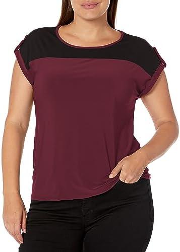 Star Vixen Women's Plus Size Color Block Roll Tap Top, 2X