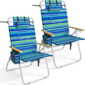 Tall Beach Chairs for Adults, 17" High Backpack Beach Chair with Wooden Armrests, 5 Positions Reclining Heavy Duty Chair with Large Cooler Pouch, Support to 350LBS Striped Blue&Green,2pack