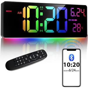 16" Bluetooth Large Digital Wall Clock/Auto Time Sync, 10 RGB Colors Digital Clock Large Display with Remote, Auto-Dimming/DST, Calendar, Timer, Alarm, 6 Night Lights Big Clock for Decor