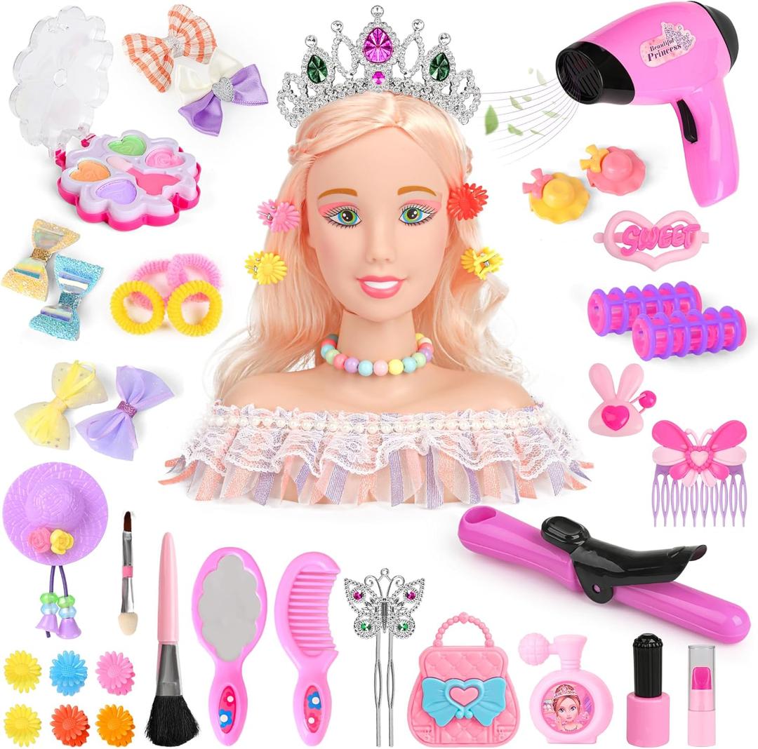39PCS Hair Styling Doll Head Makeup Kit for Girls,Pretend Play Hair Styling Set,with Hairdryer Curling Iron Crown Hairpins Accessories Kit Birthday Gifts for 3 4 5 6+ Years Old Toy