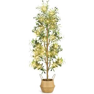 TNELTUEB Faux Olive Tree 6FT - Indoor Tall Artificial Olive Trees with Planter & Basket and Lights, Artificial Plants with Natural Wood Trunk and Realistic Fruits for Home Living Room Office Decor