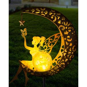 Vuees Solar Garden Statues Outdoor Decor, Fairy Moon Figurine Light Stake, Housewarming Ornament for Patio, Lawn, Yard, Pathway - Unique Gift Ideas for Gardening Mom Grandma