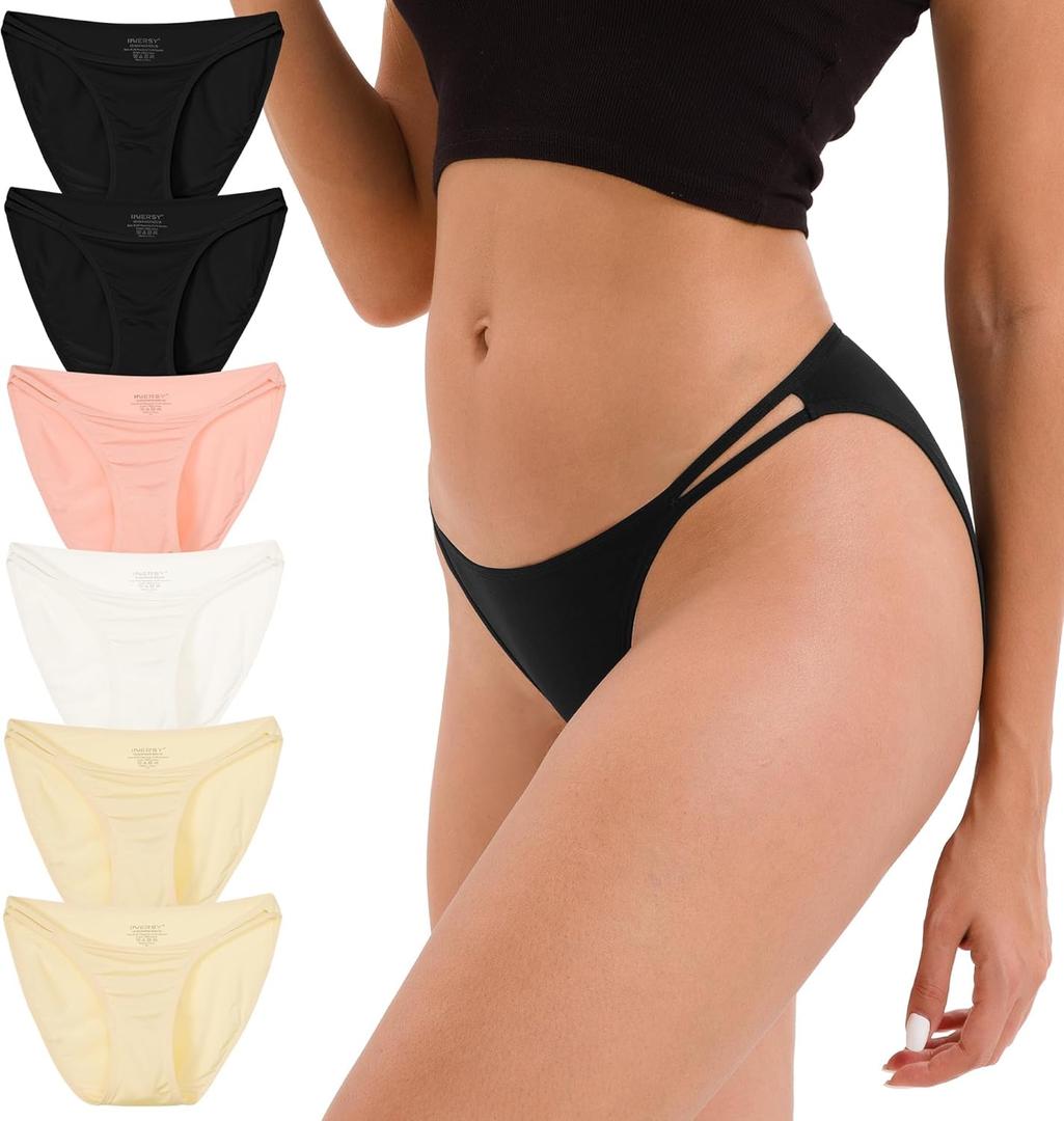 INNERSY String Bikini Panties for Women Sexy Silky Cheeky Underwear 6-Pack (Medium, Black Beige)