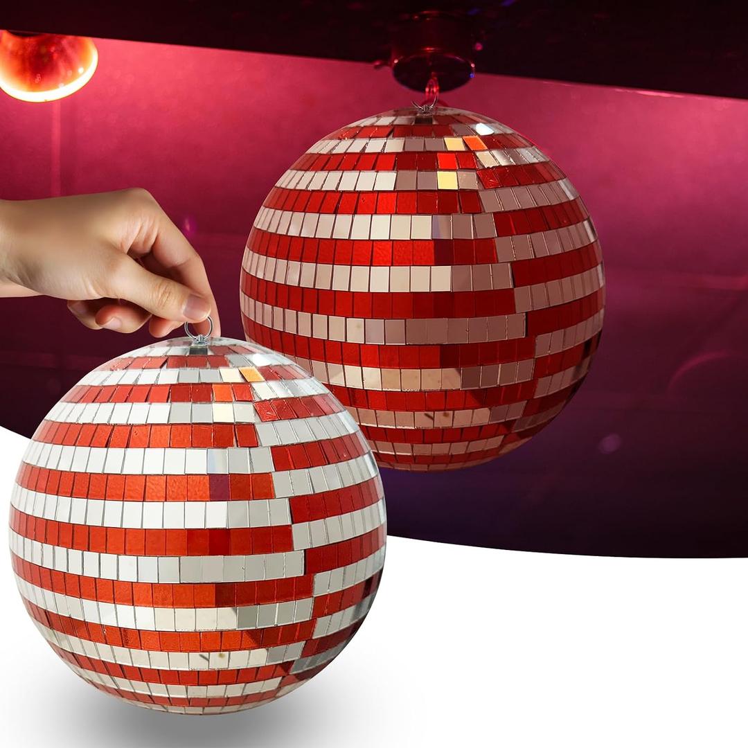 Mirror Disco Ball, 8 Inch Red and Sliver Hanging Party Disco Ball, Big Party Decorations Reflective Mirror Balls for Christmas Dance Floor, Birthday, Wedding, DJ, and Home Stage Dcor
