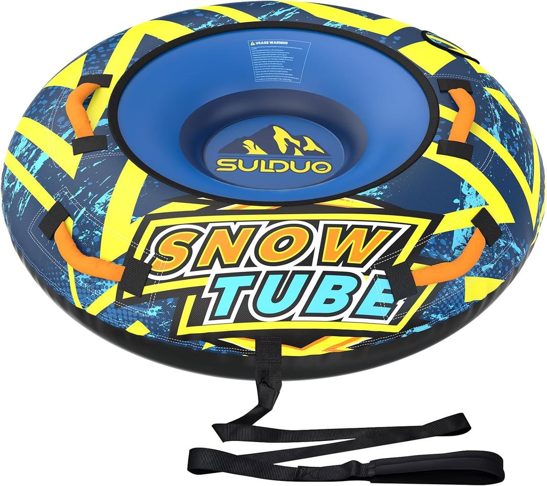 47'' Heavy Duty Snow Tube with Premium Canvas Cover and 4 Foam Filled Handles, Inflatable Snow Sled for Kids and Adult, Thickened Hard Bottom Snow Tubes for Winter Outdoor Fun Sledding
