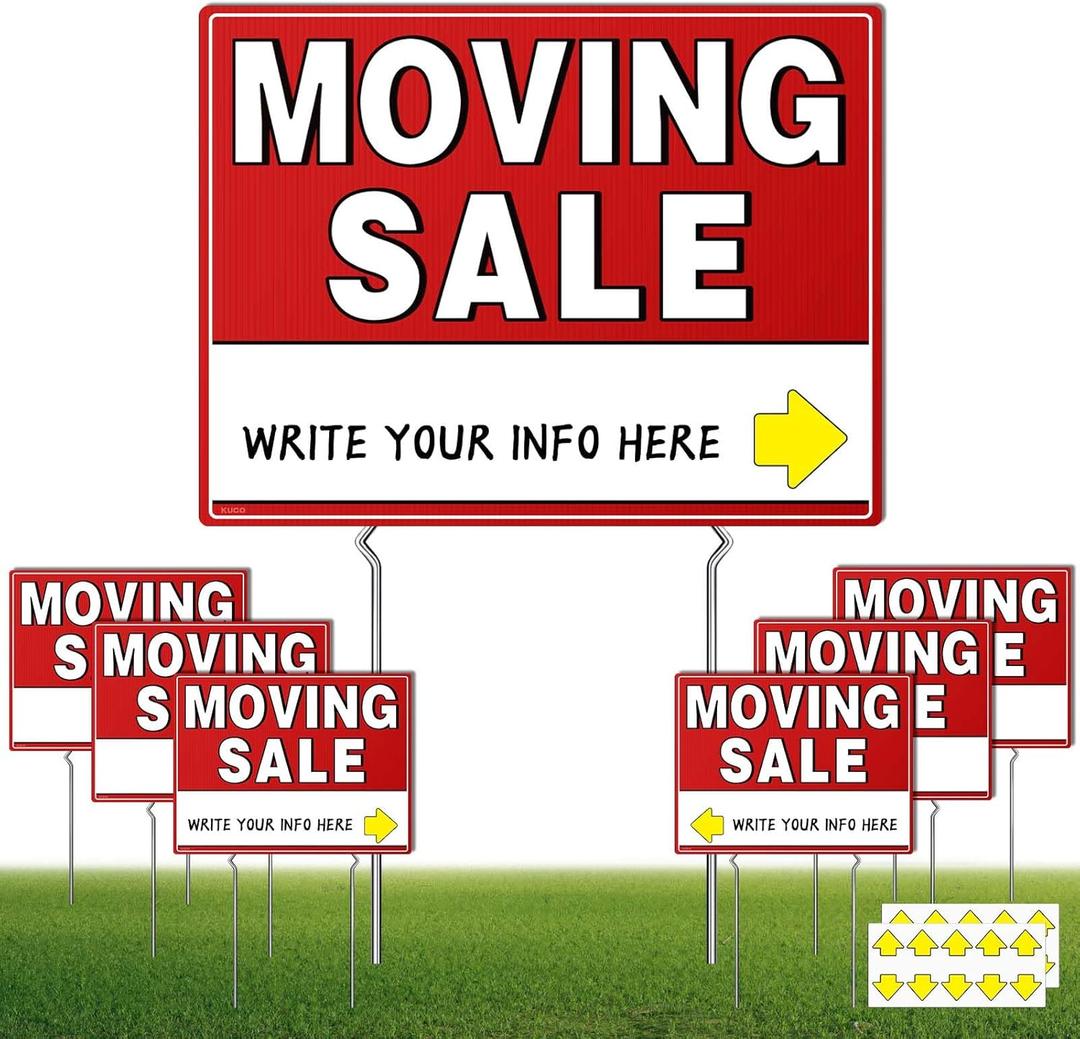 7Pcs WEATHER-PROOF Moving Sale Signs, 17" x 13", Double-Sided with Arrow Stickers & Metal Stakes