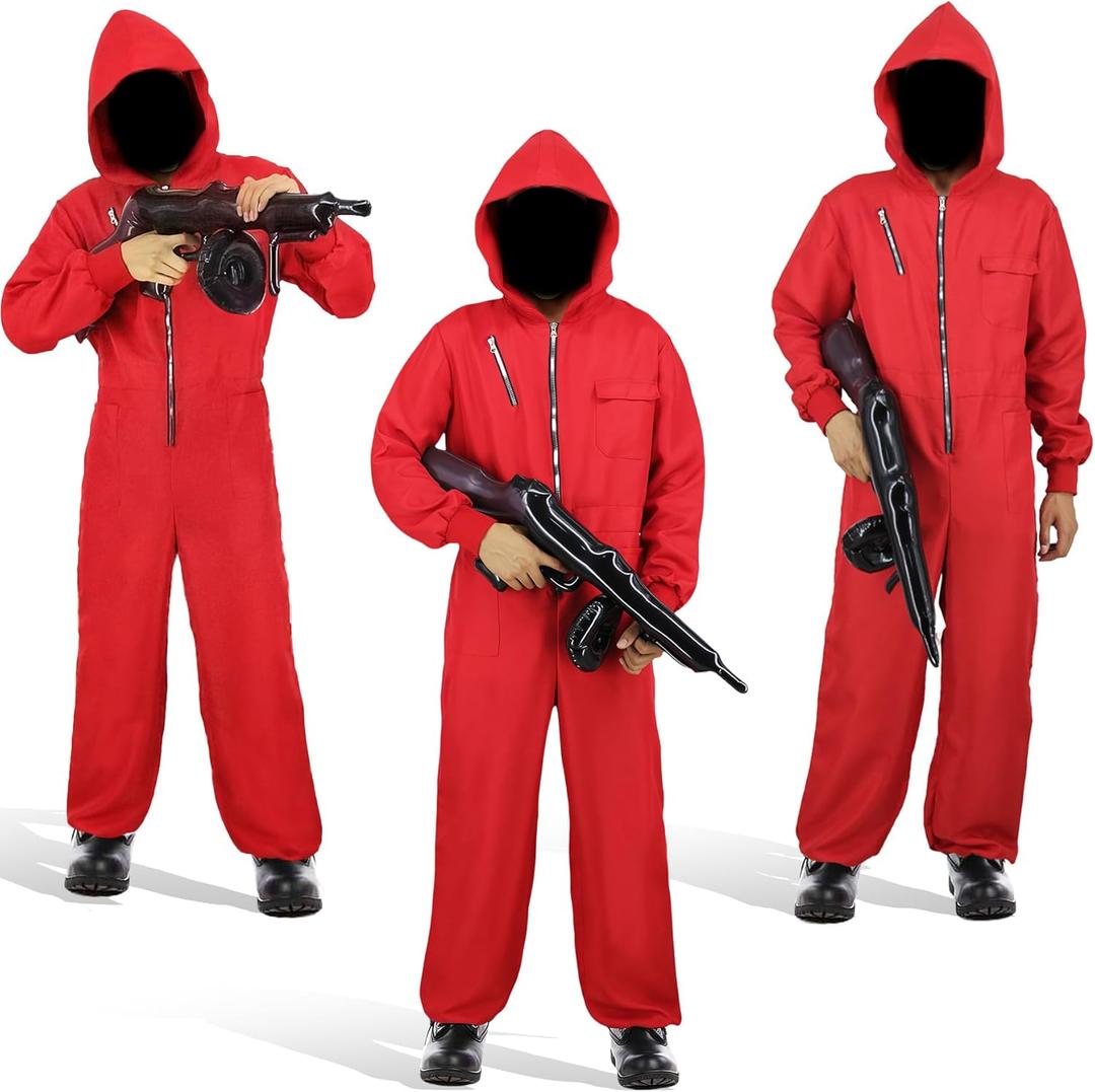 Adult Men Halloween Red Jumpsuit Costume with Mask Cosplay Outfits Unisex Coveralls