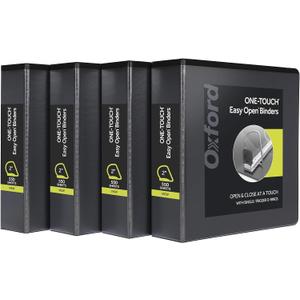 Oxford 3 Ring Binders, Binders for School and Office, 2 Inch ONE-Touch Easy Open D Rings, 3-Sided View Binder Covers, Xtralife Hinge, Non-Stick, PVC-Free, Black, 530-Sheet Capacity, 4 Pack (79911)