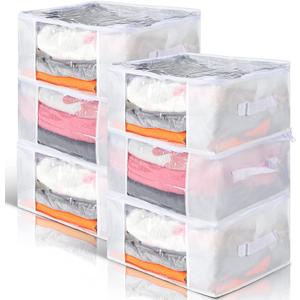 Sadnyy 6 Pcs Clear Storage Bags with Zippers Foldable Clothes Containers Case Plastic Organizer Large Sweater Storage Bins with Handles for Fabric Blanket Cloth Bedding(16 x 12 x 8 Inch, White)