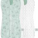 Baby Swaddle 0-2 Months, Cotton Arm-In Zipper Sleep Sack, Wearable Blankets Wrap for Newborn Infant Girls, Boys (Green Leaves, Polka Dots, Pack of 2)