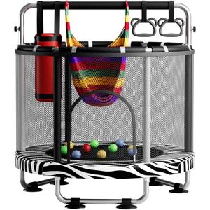 55" Trampoline for Kids with Enclosure, 440lbs Capacity Indoor & Outdoor Toddler Trampoline with Adjustable Gymnastics Bar & Toys, for Boys & Girls (Zebra)