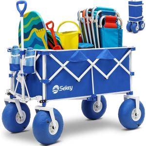 Heavy Duty Beach Wagon with 9" Big Sand-Proof Wheels  440lb Capacity, Sekey 200L Oversized Foldable Cart | Adjustable Handle & All-Terrain Tires for Sand, Camping, Groceries. Blue&White