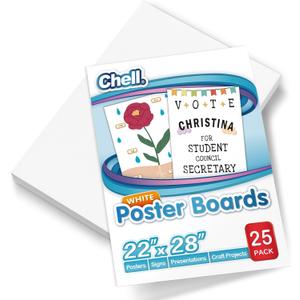 Chell Large Size 22" x 28" White Poster Board Paper Heavyweight, for School Craft Project, 85 lb. Cover Weight, 25 Count