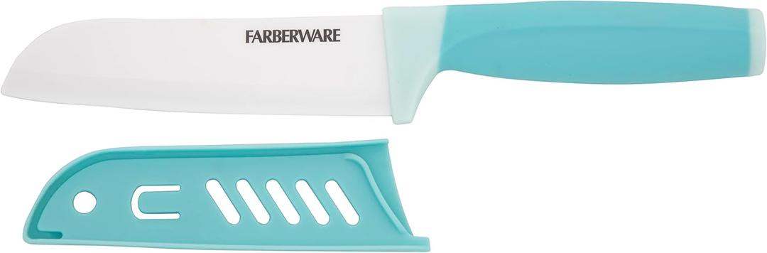 Farberware Ceramic 5- Inch Santoku Knife with Custom-Fit Blade Cover, Razor-Sharp Kitchen Knife with Ergonomic, Soft-Grip Handle, Dishwasher-Safe, 5-inch, Aqua