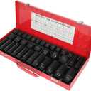TYFYB 35pcs 1/2 Inch Drive Deep Impact Socket Tool Set Metric Garage Workshop Tools,Heavy Duty Impact Socket Set with Portable Case, Red