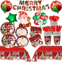 185 Pcs Christmas Party Decorations Christmas Party Supplies Tableware Set Serves 24, with Plates Napkins Cups Fork Knives Spoon Tablecloth Banner Balloons for Xmas Holiday Party Decorations
