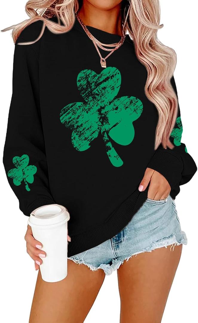 DUTUT St. Patrick's Day Sweatshirt Women Shamrock Shirt Lucky Clover Graphic Shirts Irish Casual Long Sleeve Tops (Black, S)