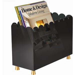 Acrylic Magazine Holder, Magazine Rack Floor,Sleek Black Stylish Organizer with Luxe Gold Metal Feet and Wave Edge Design Space Saving Storage for Books Newspapers Office Supplies,Home Office(Black)