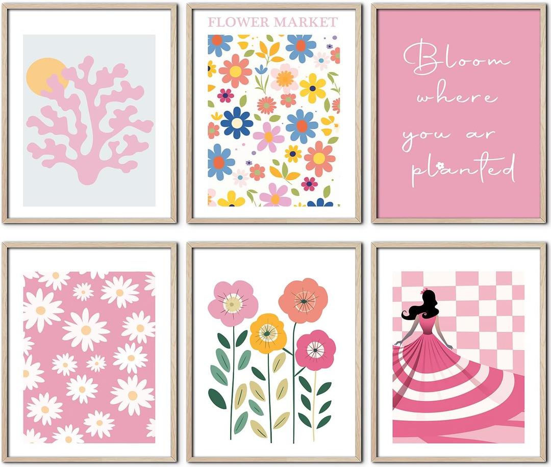 4 x 6Pcs Funny Pink Wall Decor for Girls Dorm, Flower Market Posters Prints Aesthetic Bedroom Wall Art for Dorm Living Room, Pink Poster, Unframed, 8 x 10 Inch -A09