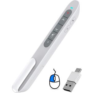 DinoFire Wireless Presentation Remote with Air Mouse White, RF 2.4GZ Rechargeable USB C Slide Clicker for Powerpoint Presentations for Laptop/Computer/MAC