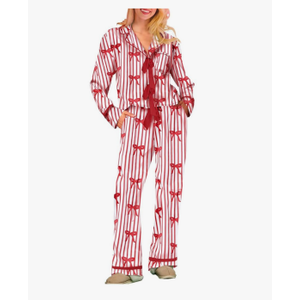 Women Christmas Satin 2 Piece Pajamas Set Bow Tie Long Sleeve Shirts Pants Santa Claus Print Pjs Set Sleepwear Small